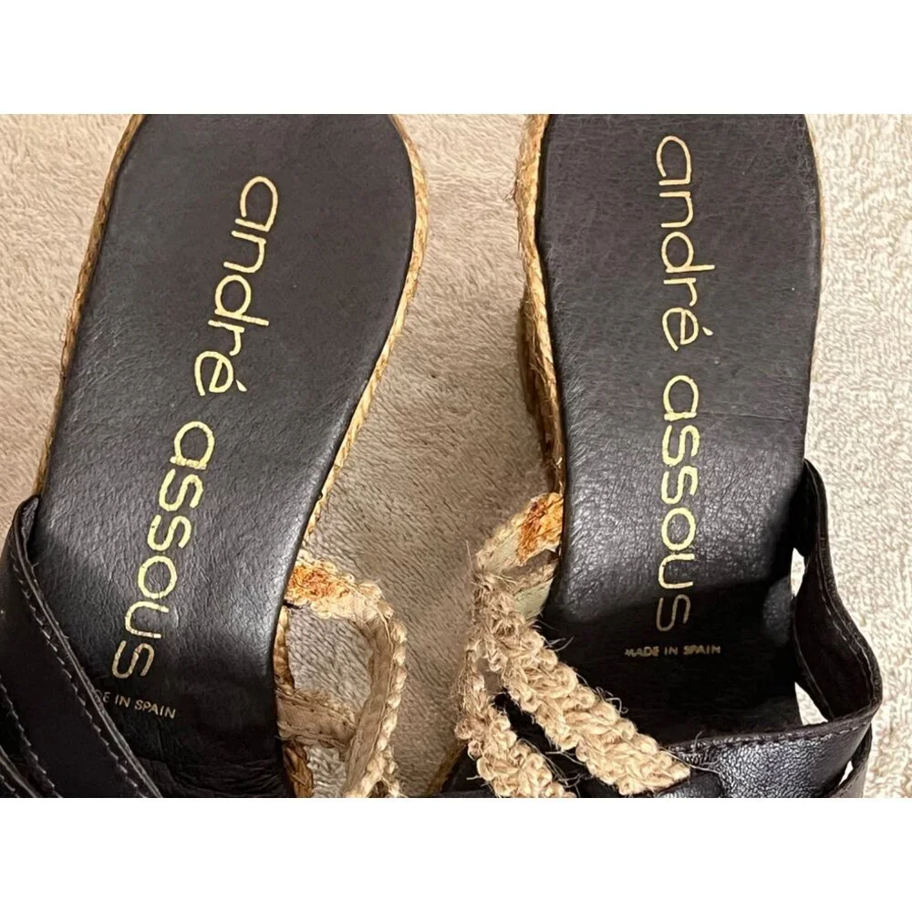 André Assous Women's Espadrille Wedge Sandals Size 7 Black & Natural Leather